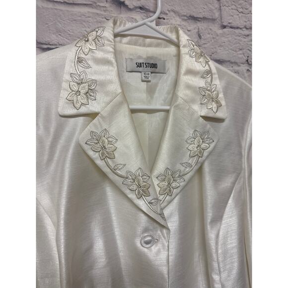 Suit Studio White Embroidered Lapel Button Up Formal Blazer Suit Jacket SZ 16W - Picture 2 of 5